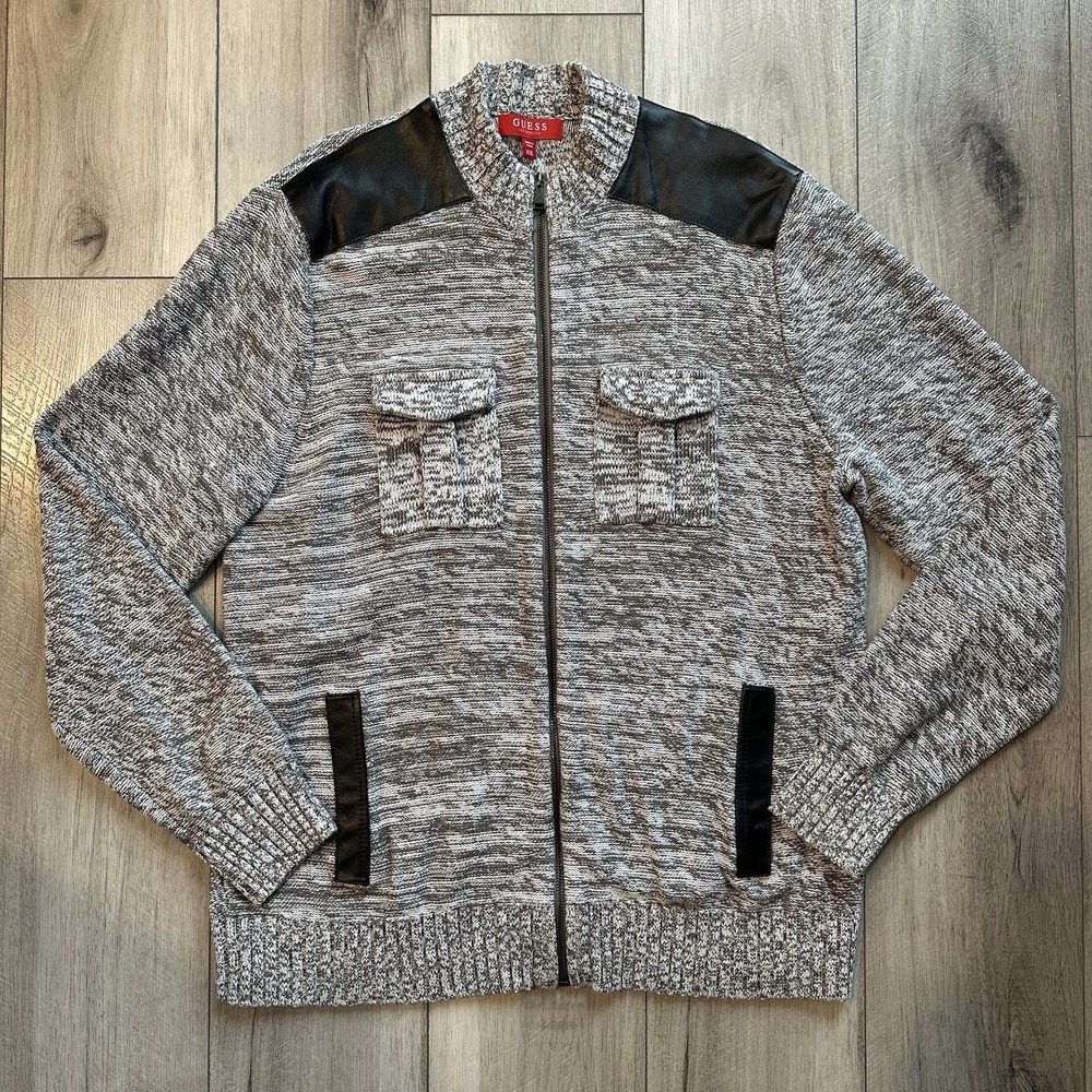Guess Mens Zip Up Sweater XXL Gray Brown Crème Faux Leather‎ Shoulders